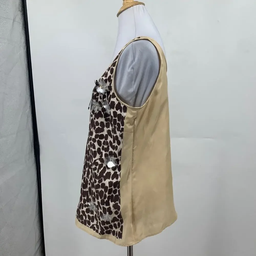 J Crew Tank Top Womens 6 Champagne Espresso Silk Cheetah Sparkle Appliqué Lined